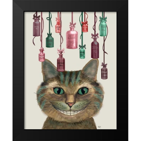 Cheshire Cat and Bottles Black Modern Wood Framed Art Print by Fab Funky