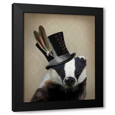 Steampunk Badger in Top Hat Black Modern Wood Framed Art Print with Double Matting by Fab Funky