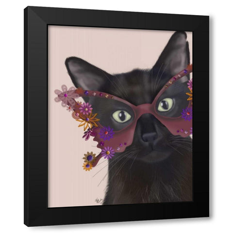 Cat and Flower Glasses Black Modern Wood Framed Art Print with Double Matting by Fab Funky