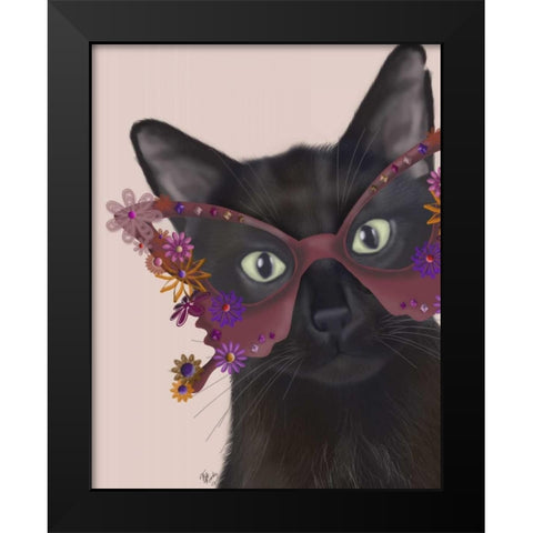 Cat and Flower Glasses Black Modern Wood Framed Art Print by Fab Funky
