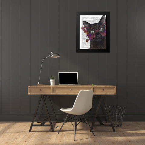 Cat and Flower Glasses Black Modern Wood Framed Art Print by Fab Funky