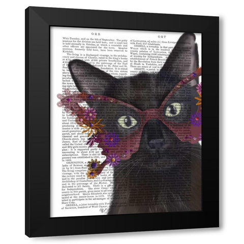 Cat and Flower Glasses Black Modern Wood Framed Art Print with Double Matting by Fab Funky