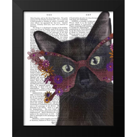 Cat and Flower Glasses Black Modern Wood Framed Art Print by Fab Funky