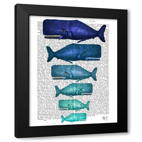 Blue Whale Family Black Modern Wood Framed Art Print with Double Matting by Fab Funky
