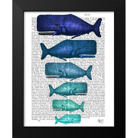 Blue Whale Family Black Modern Wood Framed Art Print by Fab Funky