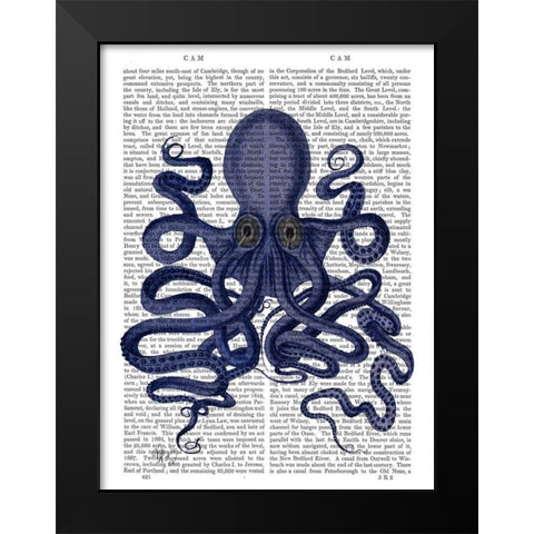 Octopus 9, Blue Black Modern Wood Framed Art Print by Fab Funky