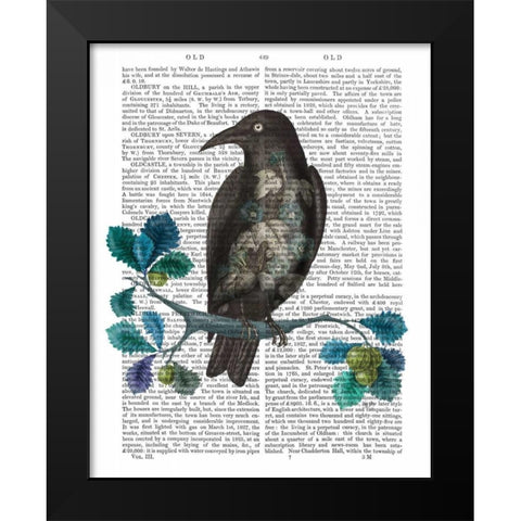 Floral Crow On Branch Black Modern Wood Framed Art Print by Fab Funky