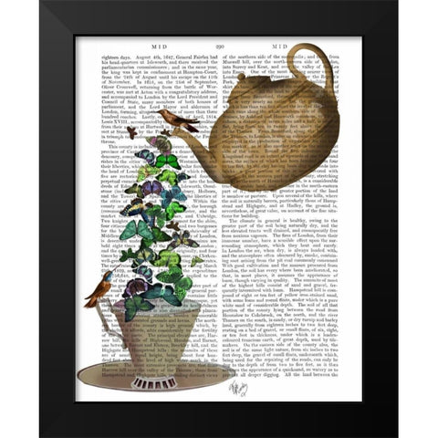 Teapot, Cup and Butterflies Black Modern Wood Framed Art Print by Fab Funky