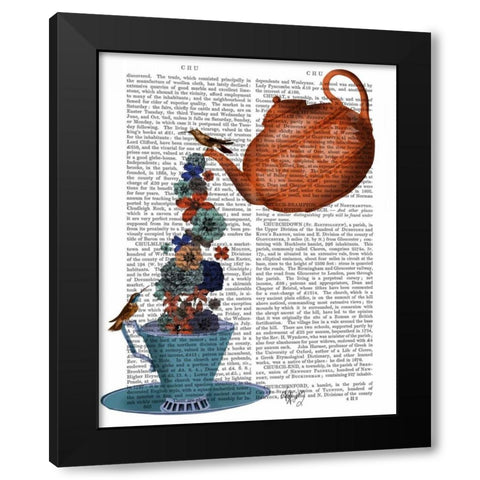 Teapot, Cup and Flowers, Orange and Blue Black Modern Wood Framed Art Print by Fab Funky