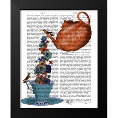 Teapot, Cup and Flowers, Orange and Blue Black Modern Wood Framed Art Print by Fab Funky