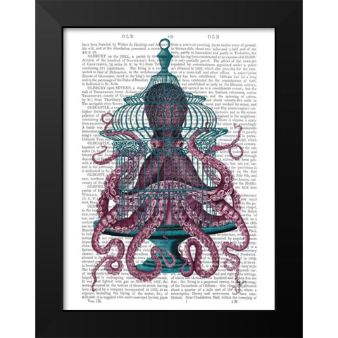 Pink Octopus in Cage Black Modern Wood Framed Art Print by Fab Funky