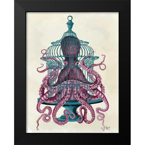 Pink Octopus in Cage Black Modern Wood Framed Art Print by Fab Funky