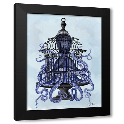 Blue Octopus in Cage Black Modern Wood Framed Art Print with Double Matting by Fab Funky