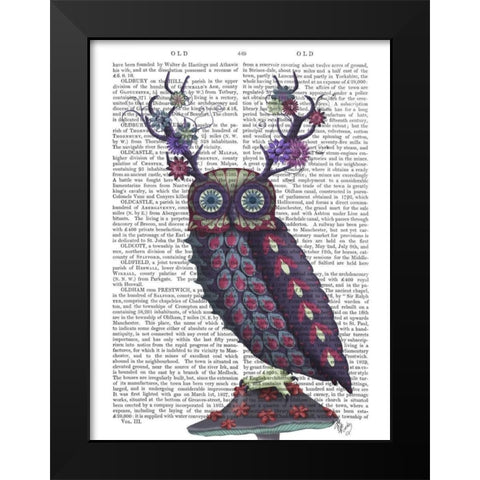 Owl with Psychedelic Antlers Black Modern Wood Framed Art Print by Fab Funky