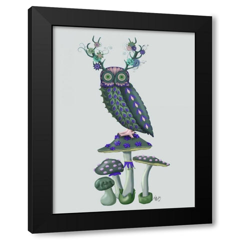 Owl on Mushrooms Black Modern Wood Framed Art Print with Double Matting by Fab Funky