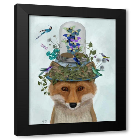 Fox with Butterfly Bell Jar Black Modern Wood Framed Art Print with Double Matting by Fab Funky