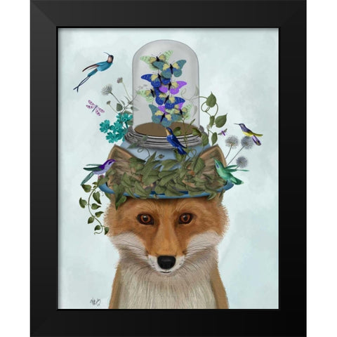 Fox with Butterfly Bell Jar Black Modern Wood Framed Art Print by Fab Funky