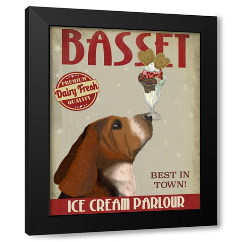 Basset Hound Ice Cream Black Modern Wood Framed Art Print by Fab Funky