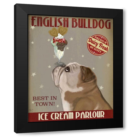 English Bulldog Ice Cream Black Modern Wood Framed Art Print by Fab Funky