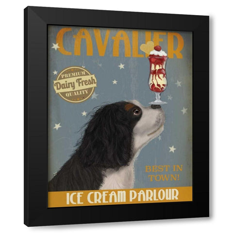 Cavalier King Charles, Black White, Ice Cream Black Modern Wood Framed Art Print by Fab Funky