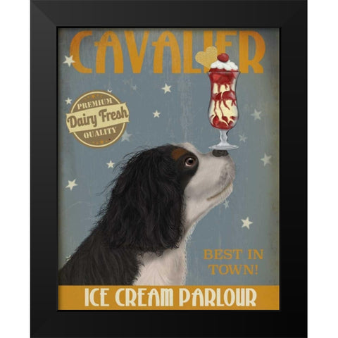 Cavalier King Charles, Black White, Ice Cream Black Modern Wood Framed Art Print by Fab Funky