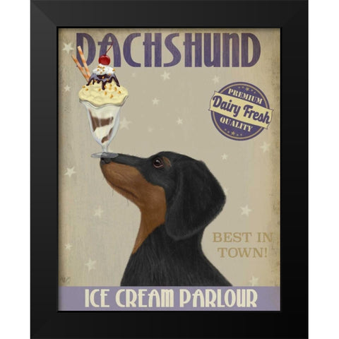 Dachshund, Black and Tan, Ice Cream Black Modern Wood Framed Art Print by Fab Funky