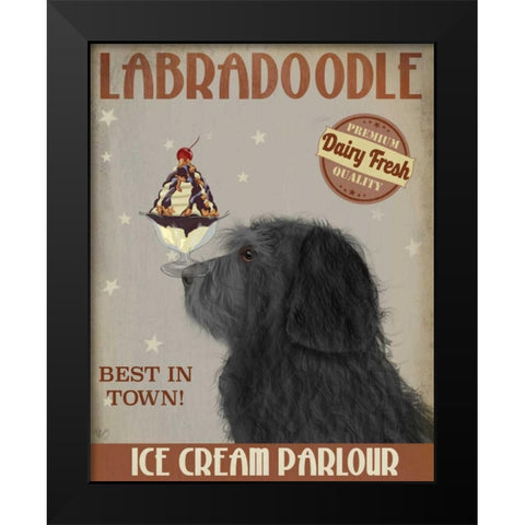 Labradoodle, Black, Ice Cream Black Modern Wood Framed Art Print by Fab Funky