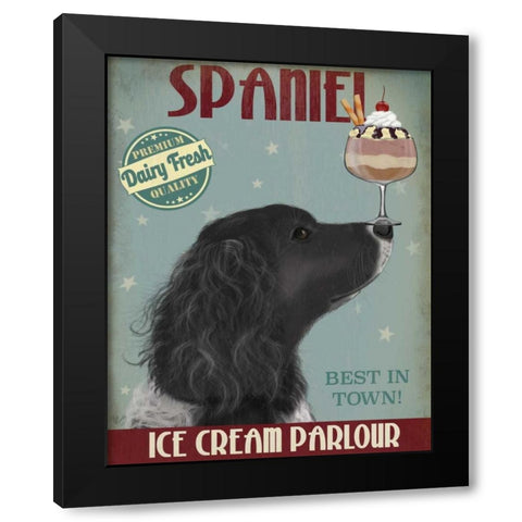 Springer Spaniel, Black, Bebe,Ice Cream Black Modern Wood Framed Art Print by Fab Funky