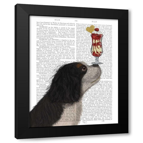 Cavalier King Charles, Black White, Ice Cream Black Modern Wood Framed Art Print by Fab Funky