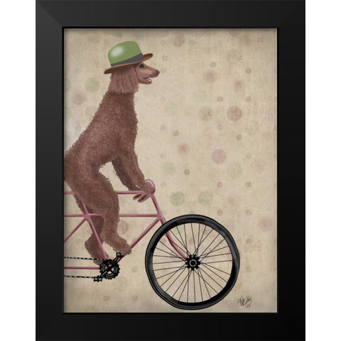 Poodle on Bicycle, Brown Black Modern Wood Framed Art Print by Fab Funky