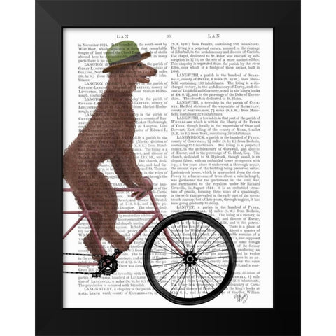 Poodle on Bicycle, Brown Black Modern Wood Framed Art Print by Fab Funky