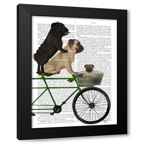 Pugs on Bicycle Black Modern Wood Framed Art Print with Double Matting by Fab Funky