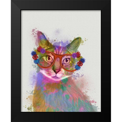 Rainbow Splash Cat 1 Black Modern Wood Framed Art Print by Fab Funky