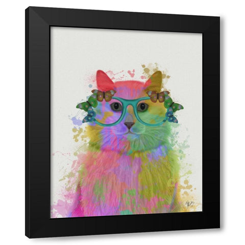 Rainbow Splash Cat 3, Portrait Black Modern Wood Framed Art Print by Fab Funky