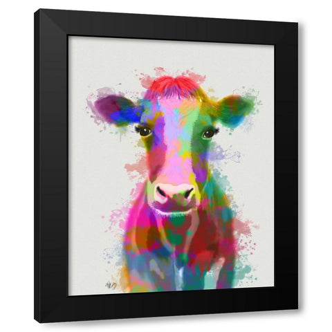 Rainbow Splash Cow Black Modern Wood Framed Art Print with Double Matting by Fab Funky