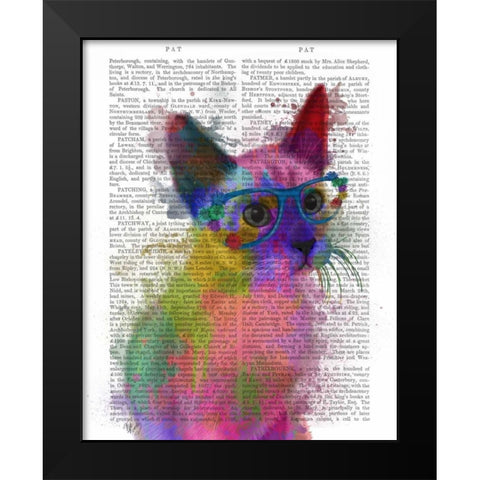 Rainbow Splash Cat 2 Black Modern Wood Framed Art Print by Fab Funky