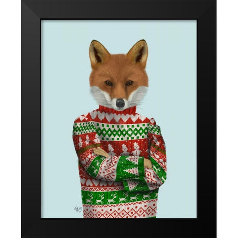 Fox in Christmas Sweater Black Modern Wood Framed Art Print by Fab Funky