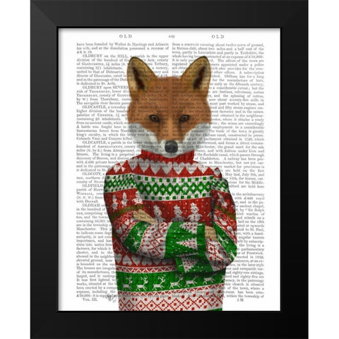 Fox in Christmas Sweater Black Modern Wood Framed Art Print by Fab Funky