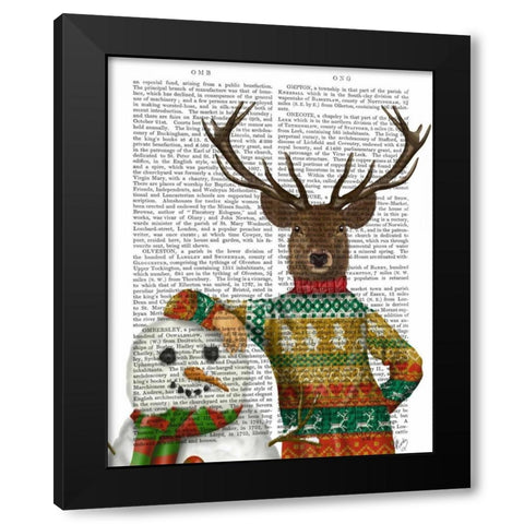 Deer in Christmas Sweater with Snowman Black Modern Wood Framed Art Print by Fab Funky