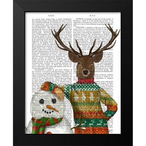 Deer in Christmas Sweater with Snowman Black Modern Wood Framed Art Print by Fab Funky