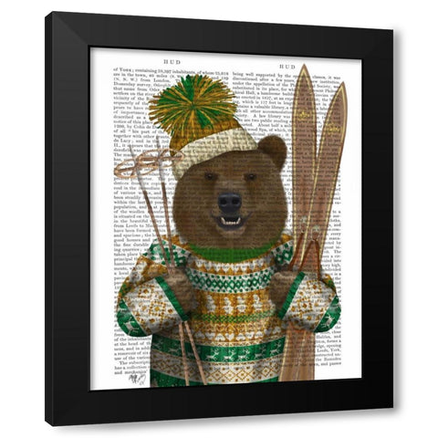 Bear in Christmas Sweater Black Modern Wood Framed Art Print by Fab Funky