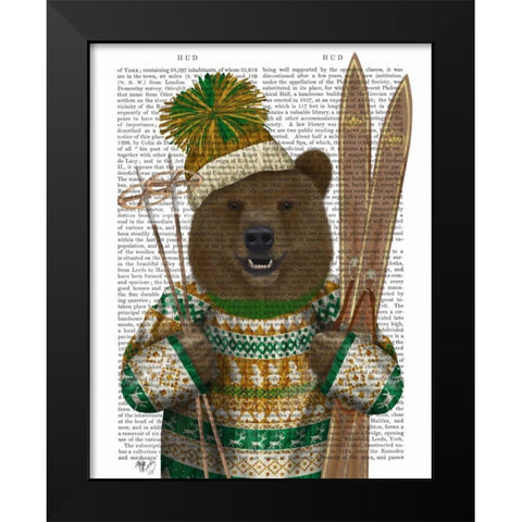 Bear in Christmas Sweater Black Modern Wood Framed Art Print by Fab Funky