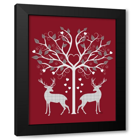 Christmas Des - Deer and Heart Tree, Grey on Red Black Modern Wood Framed Art Print by Fab Funky