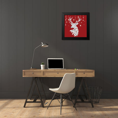 White Deer and Hanging Stars Black Modern Wood Framed Art Print by Fab Funky