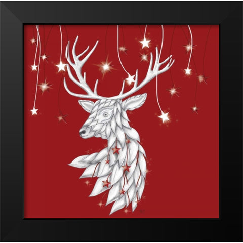 White Deer and Hanging Stars Black Modern Wood Framed Art Print by Fab Funky