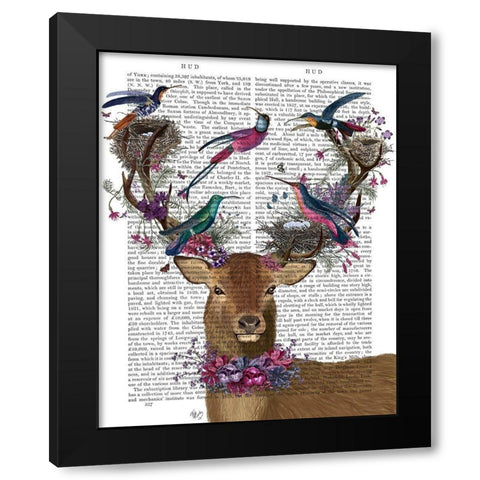 Deer Birdkeeper, Tropical Bird Nests Black Modern Wood Framed Art Print with Double Matting by Fab Funky