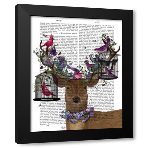 Deer Birdkeeper, Tropical Bird Cages Black Modern Wood Framed Art Print by Fab Funky