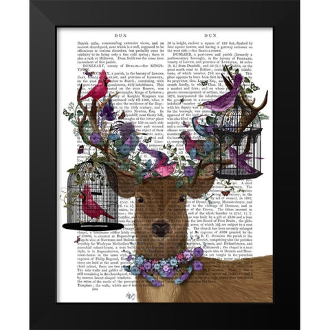 Deer Birdkeeper, Tropical Bird Cages Black Modern Wood Framed Art Print by Fab Funky
