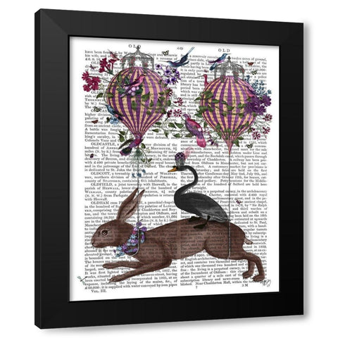 Hare Birdkeeper, Hot Air Balloon Black Modern Wood Framed Art Print by Fab Funky