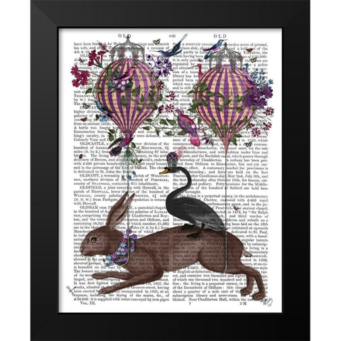 Hare Birdkeeper, Hot Air Balloon Black Modern Wood Framed Art Print by Fab Funky